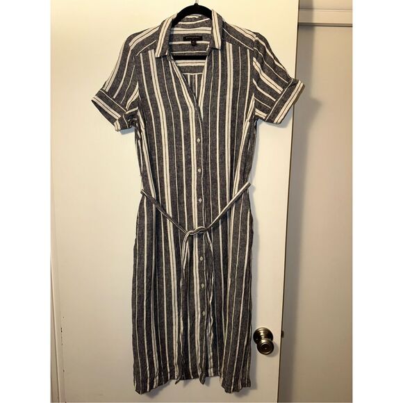 Banana Republic Blue White Stripe Linen Midi Collared Belted Dress 10 EUC - Picture 1 of 9